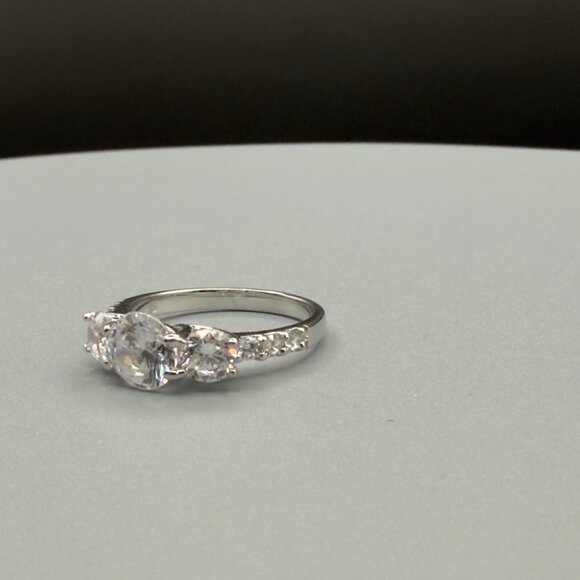 Three Stone Cubic Zirconia Engagement Ring Silver Tone Round Cut Size 6 - Picture 8 of 14